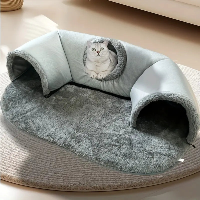 プレイマットと暖かいスリーピングパッドを備えた 3-in-1 快適な猫用トンネルベッド