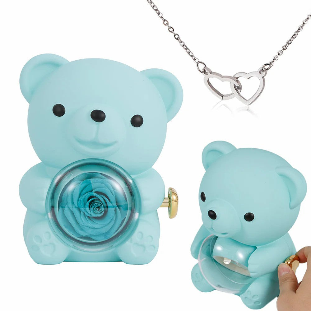 クマと永遠の薔薇が刻印されたハートのネックレス