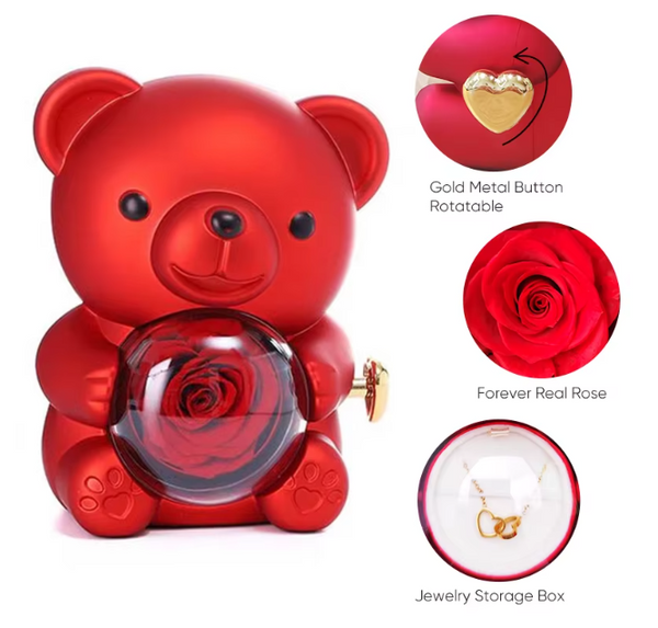 クマと永遠の薔薇が刻印されたハートのネックレス