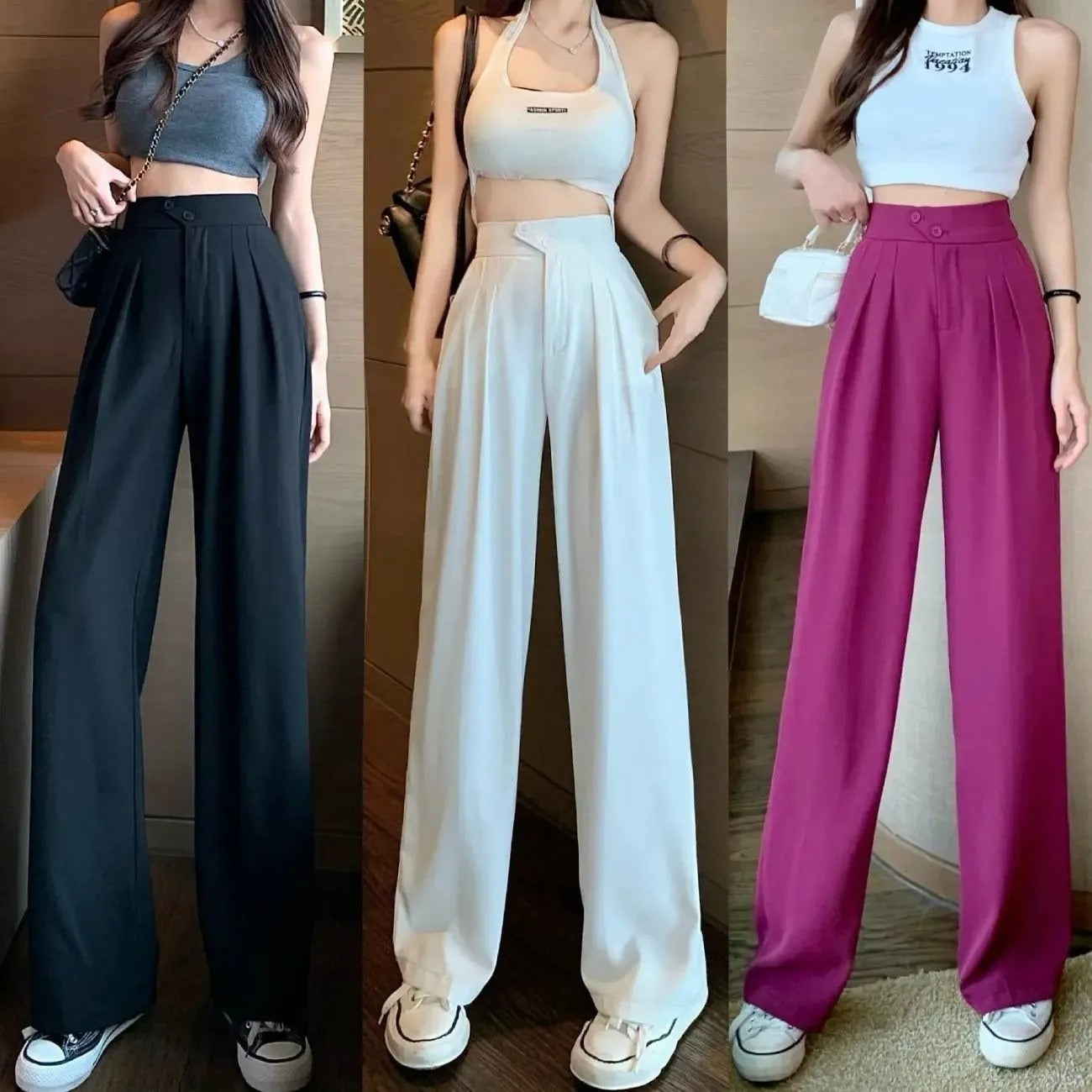 体型を美しく見せる - ハイウエスト ワイドレッグ ドレスパンツ