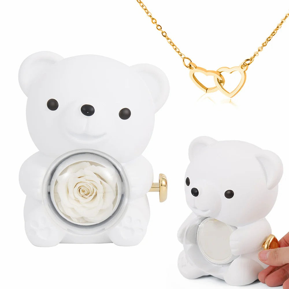 クマと永遠の薔薇が刻印されたハートのネックレス