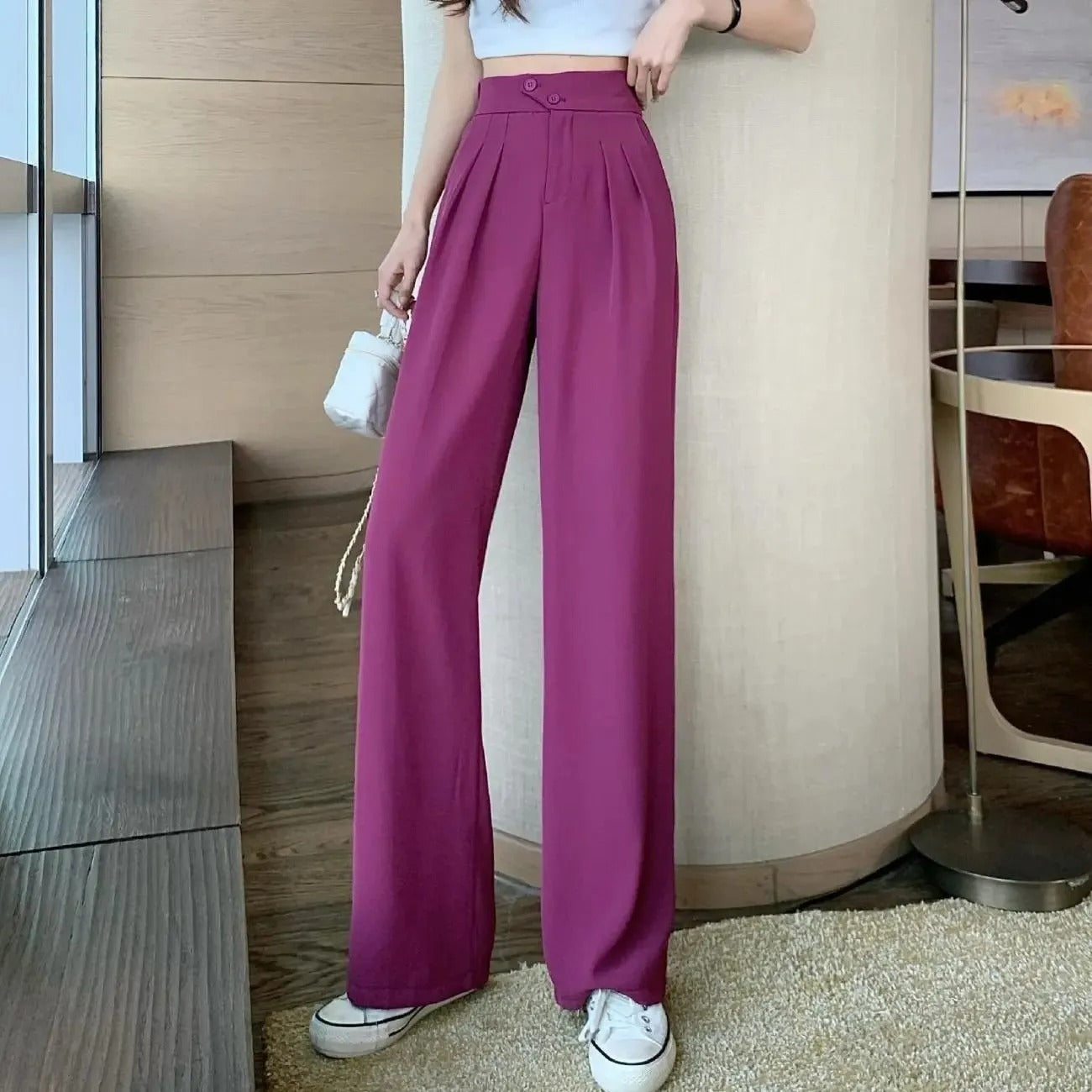 体型を美しく見せる - ハイウエスト ワイドレッグ ドレスパンツ