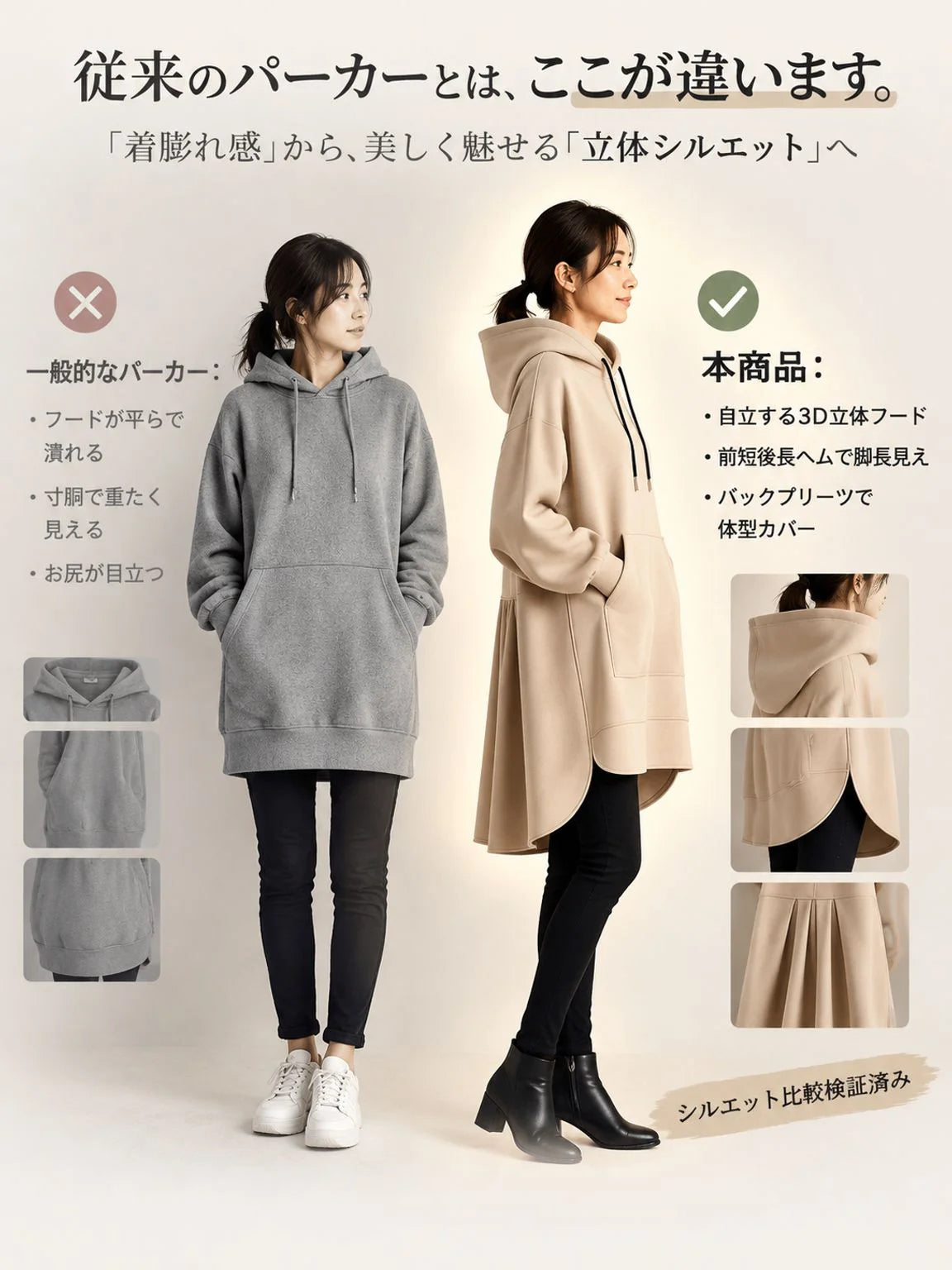 この新作の秋冬アイテムは、フード付きのミドル丈トップスで、サイドポケットとギャザー入りのバックが特徴です。非対称のデザインがレイヤードスタイルを演出し、着痩せ効果があり、スタイリッシュな印象を与えます