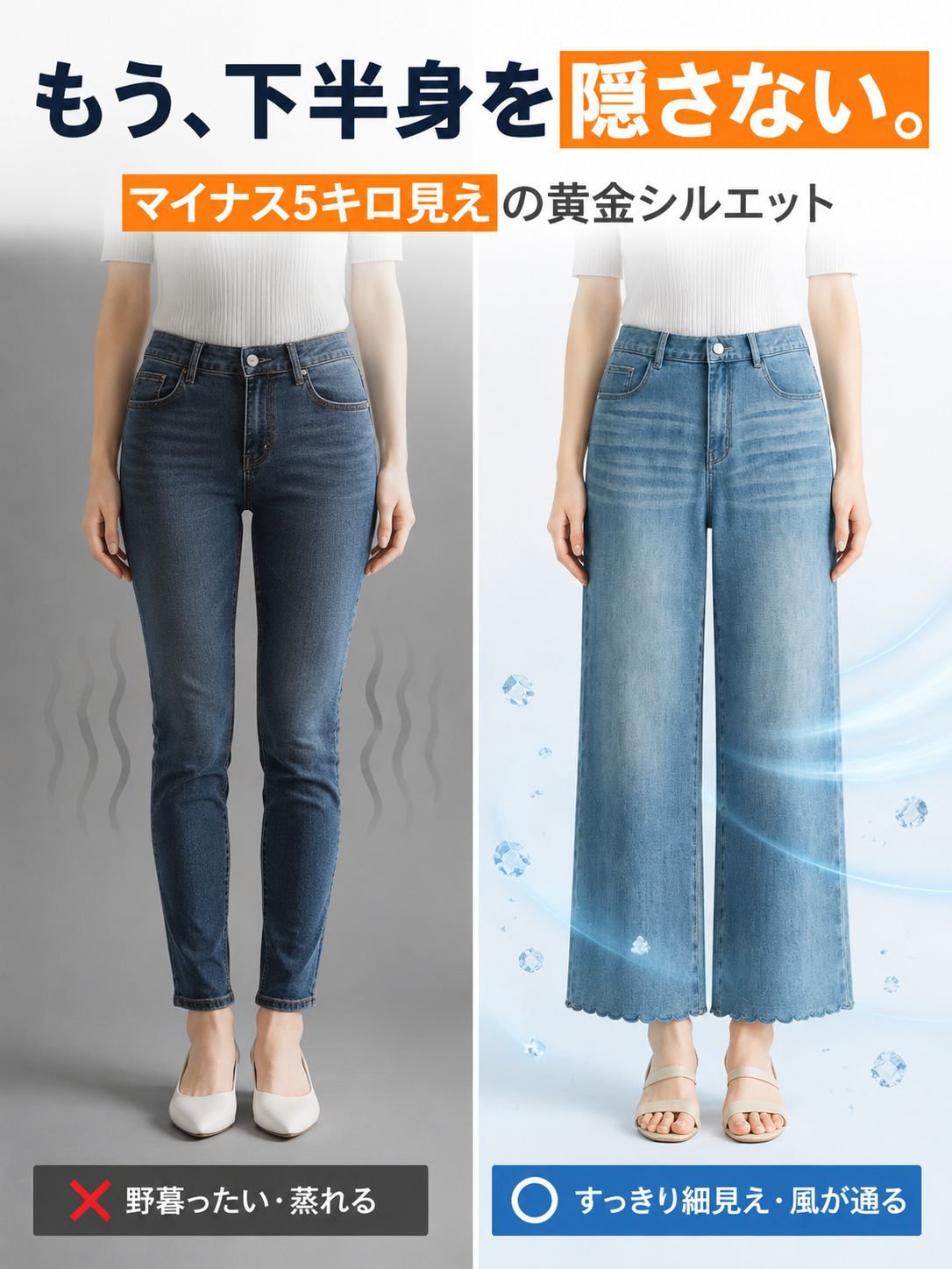 【骨格サロン監修】洋梨体型すっきり見え！備後産コットン混ライトデニム / スカラップ刺繍 ストレート ワイドパンツ デニム レディース