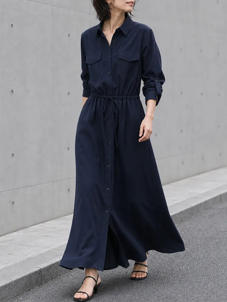 【美シルエット・体型カバー】ウエストドロスト ロングシャツワンピース