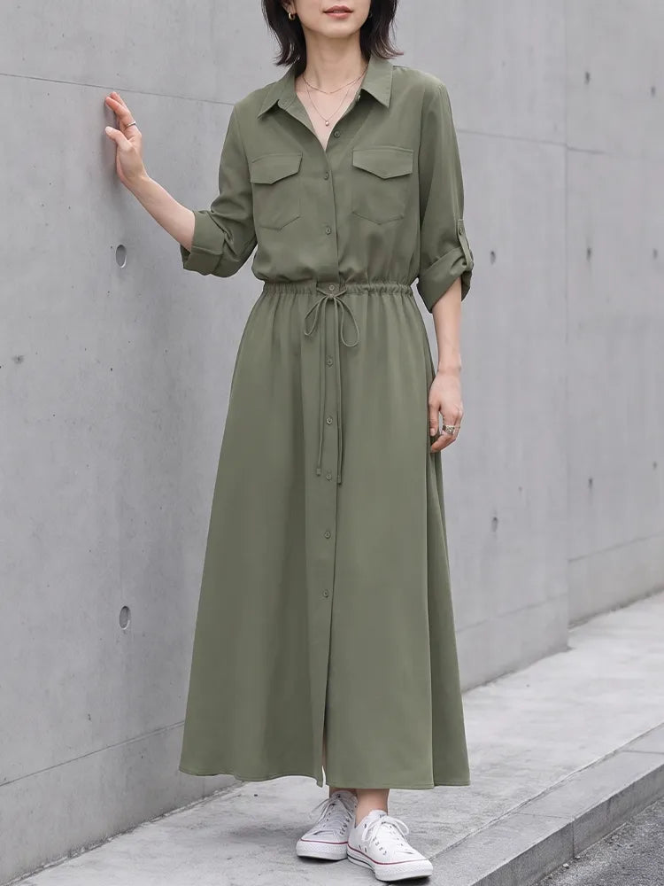 【美シルエット・体型カバー】ウエストドロスト ロングシャツワンピース