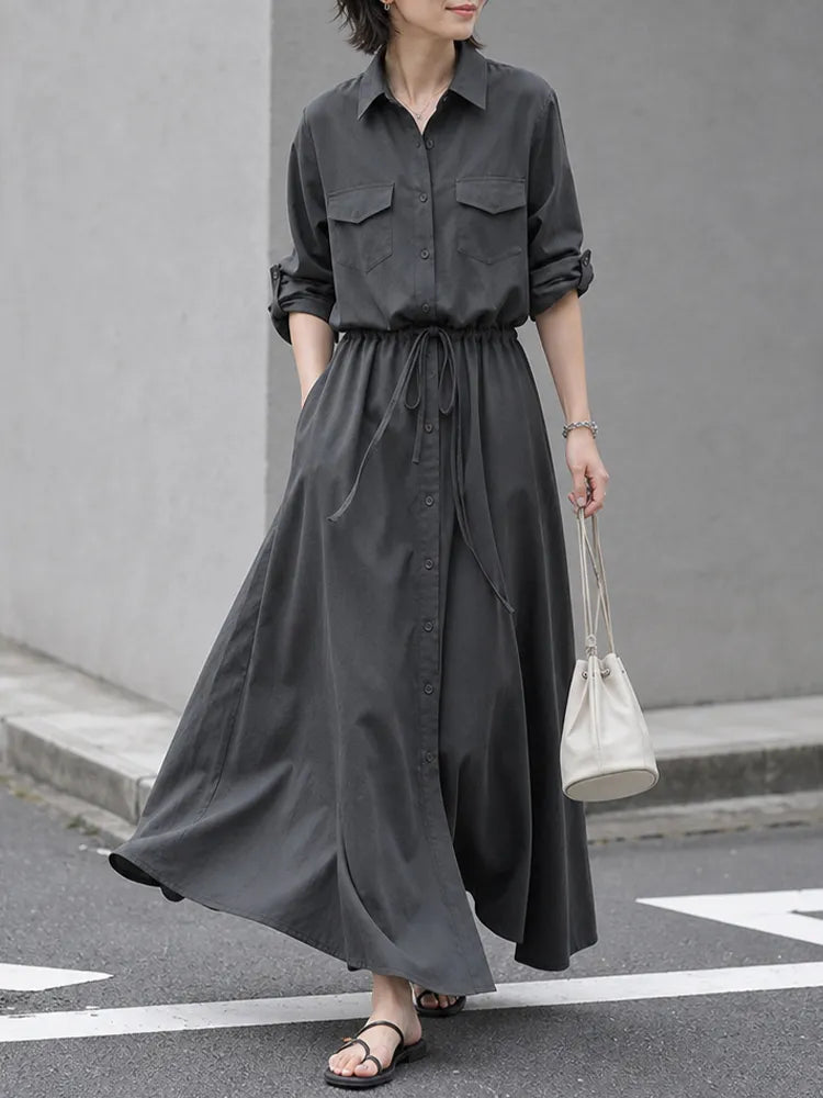 【美シルエット・体型カバー】ウエストドロスト ロングシャツワンピース