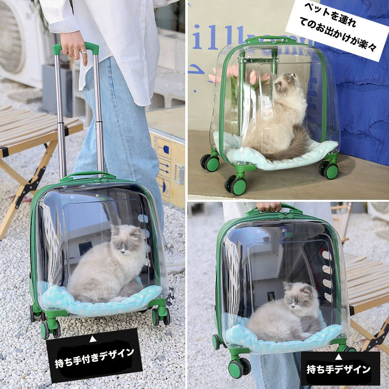 透明なペット用トラベルキャビン。押したり、引いたり、持ち上げたりできます。