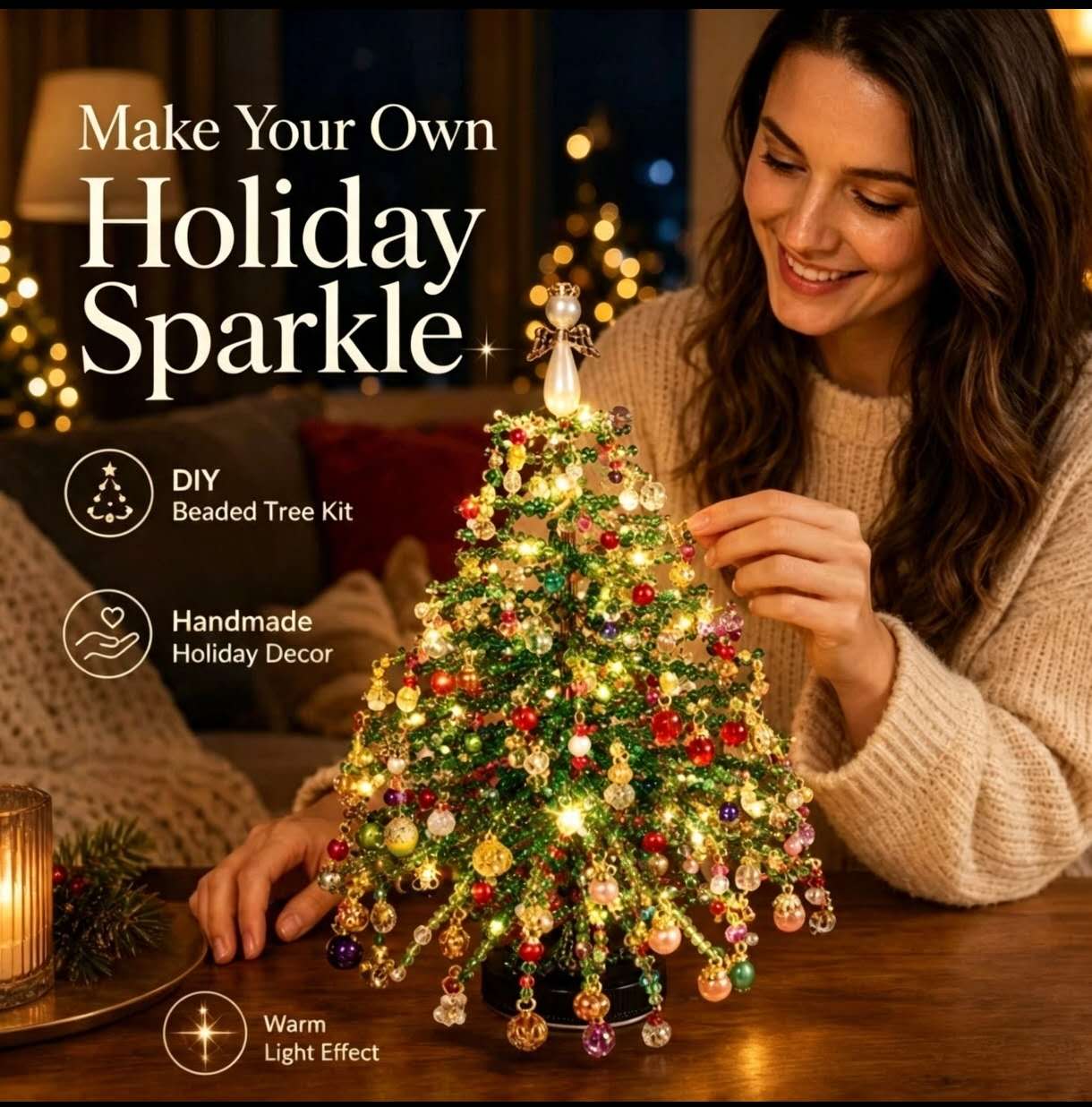 ライト付きビーズ製クリスマスツリーDIYキット ― 卓上クリスマスデコレーション