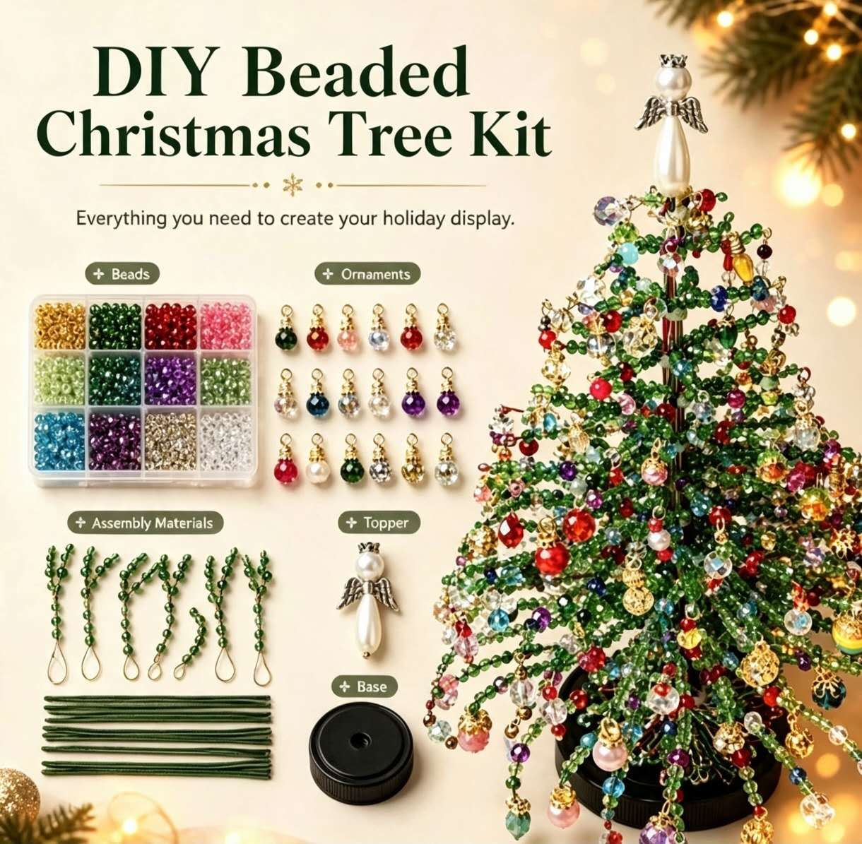 ライト付きビーズ製クリスマスツリーDIYキット ― 卓上クリスマスデコレーション