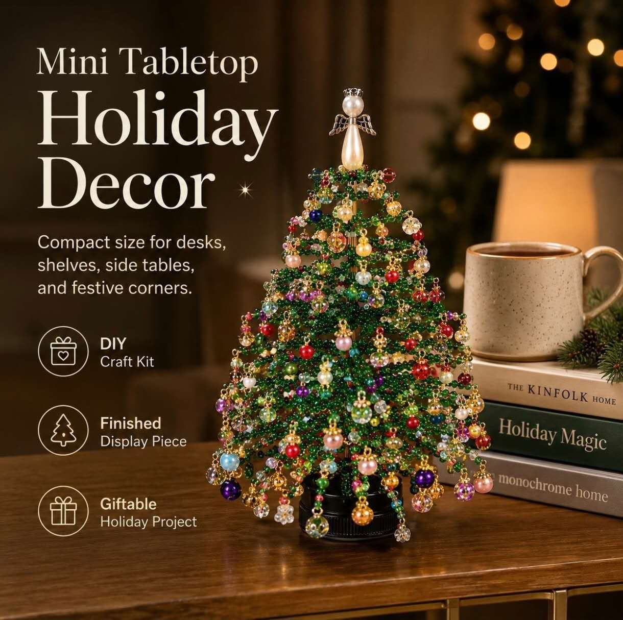 ライト付きビーズ製クリスマスツリーDIYキット ― 卓上クリスマスデコレーション