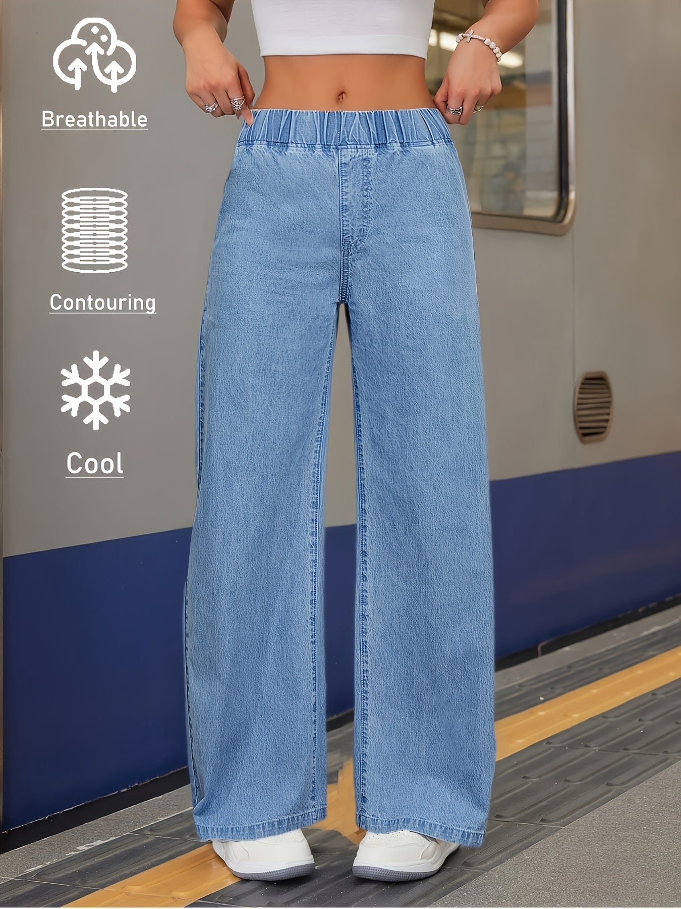 レディース ゴムウエスト ワイドレッグデニムパンツ 夏用薄手 冷感 通気性 ルーズ カジュアルデニム ストレッチ ロングパンツ