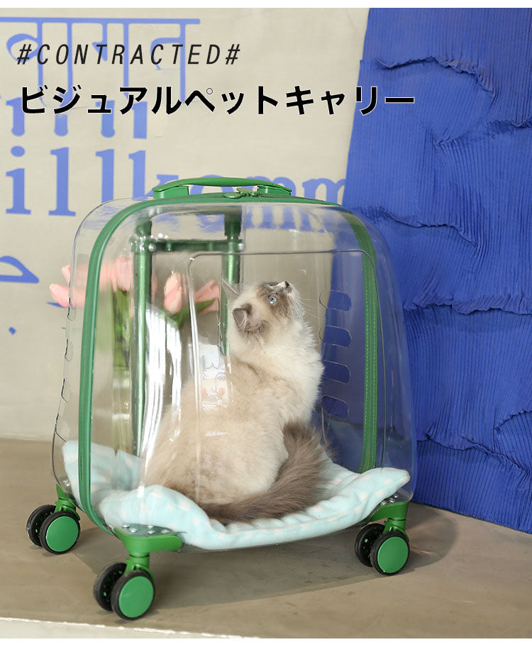 透明なペット用トラベルキャビン。押したり、引いたり、持ち上げたりできます。