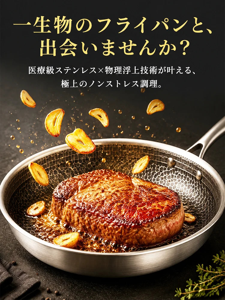 【至高の傑作】ハニカム構造ステンレスフライパン ― 抜群のノンスティック性能＆有害物質ゼロ | 熱伝導率が7.5倍に向上、省エネで驚くほど長持ち
