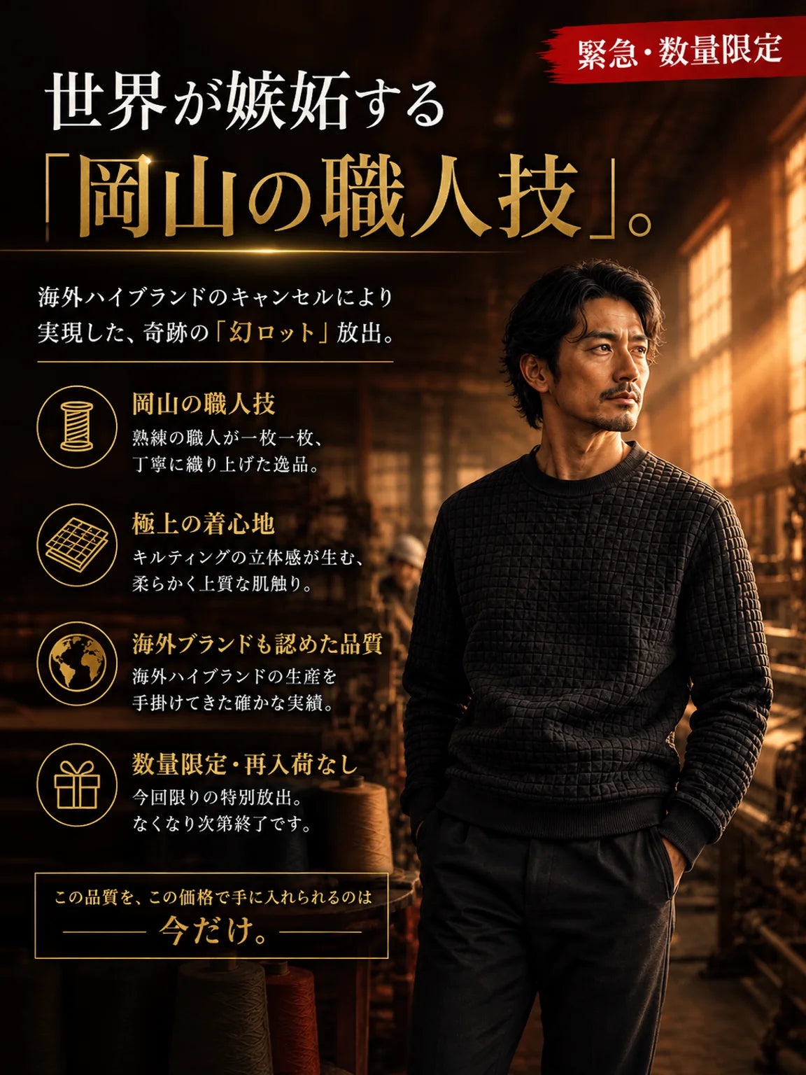3Dエアレイヤー・ワッフルニット素材 メンズ長袖クルーネック・スリムフィット・カジュアルインナー