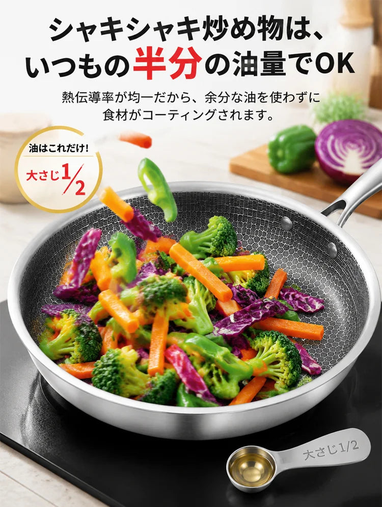 【至高の傑作】ハニカム構造ステンレスフライパン ― 抜群のノンスティック性能＆有害物質ゼロ | 熱伝導率が7.5倍に向上、省エネで驚くほど長持ち
