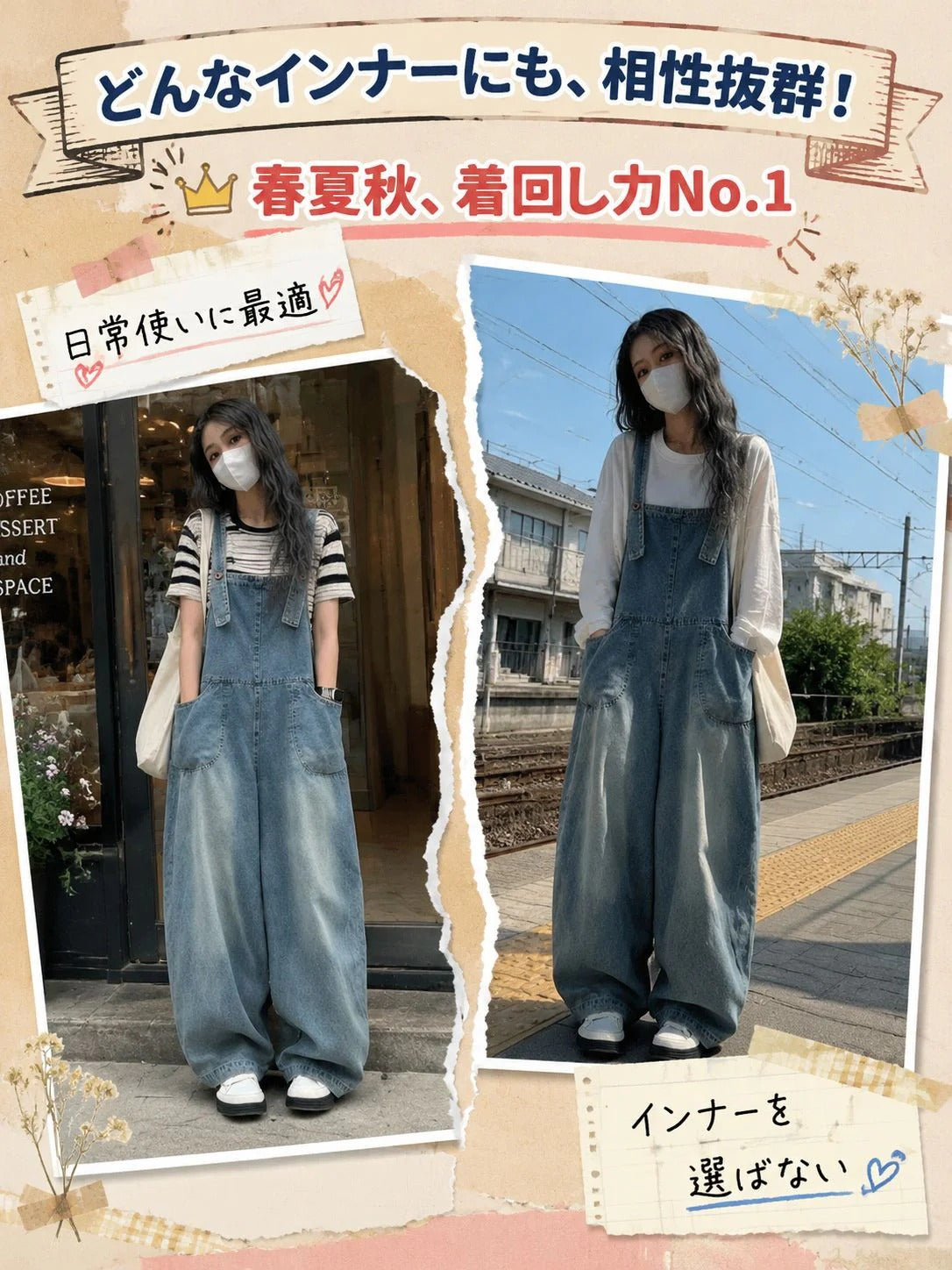 レトロスタイルのカジュアルスリムフィットデニムオーバーオールは、着回し力抜群の定番アイテム！