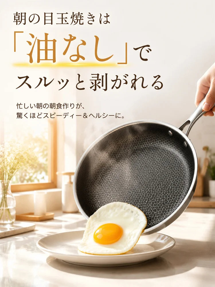 【至高の傑作】ハニカム構造ステンレスフライパン ― 抜群のノンスティック性能＆有害物質ゼロ | 熱伝導率が7.5倍に向上、省エネで驚くほど長持ち