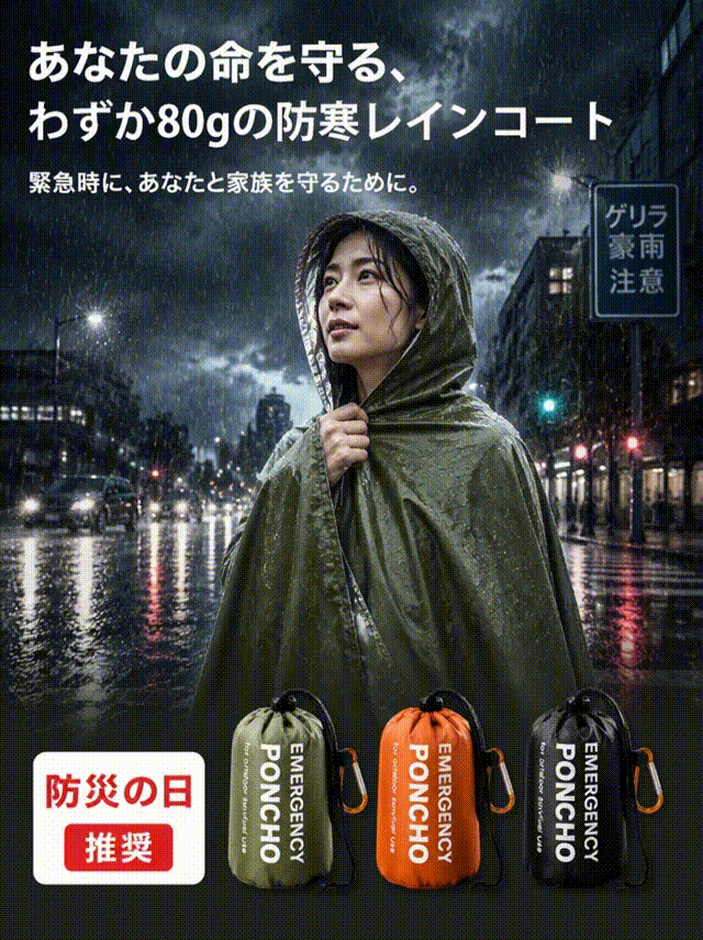 このアルミホイル製の緊急用レインポンチョは、手のひらほどのコンパクトなデザインで、風、雨、寒さからあらゆる方向から身を守り、予期せぬ事態にも対応できます