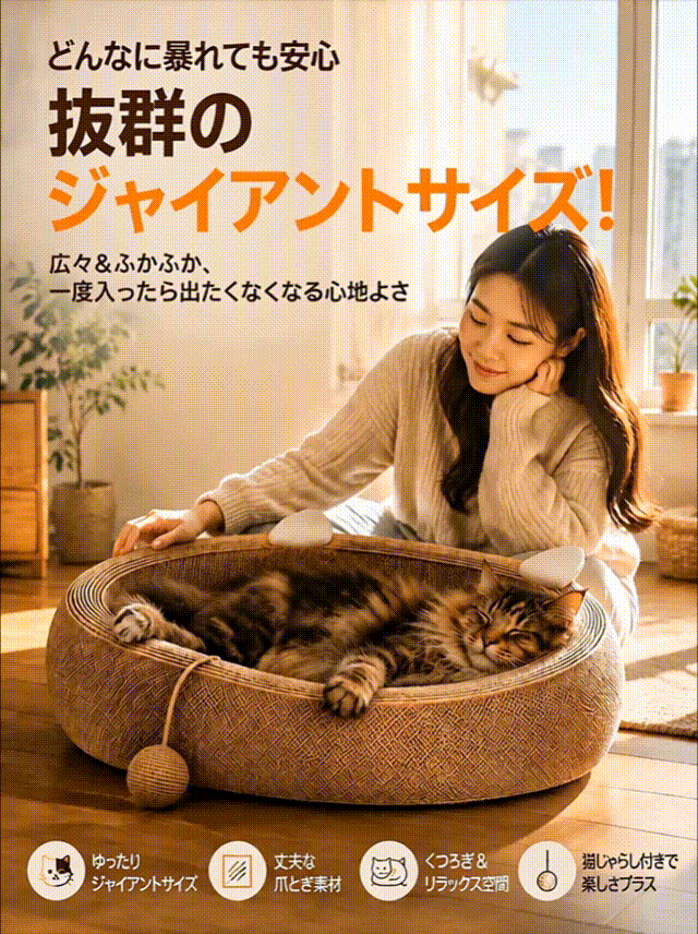 高密度の天然麻素材で作られた、特大サイズの2in1猫用爪とぎポール兼猫用ベッド。おもちゃのボールが付属しています。