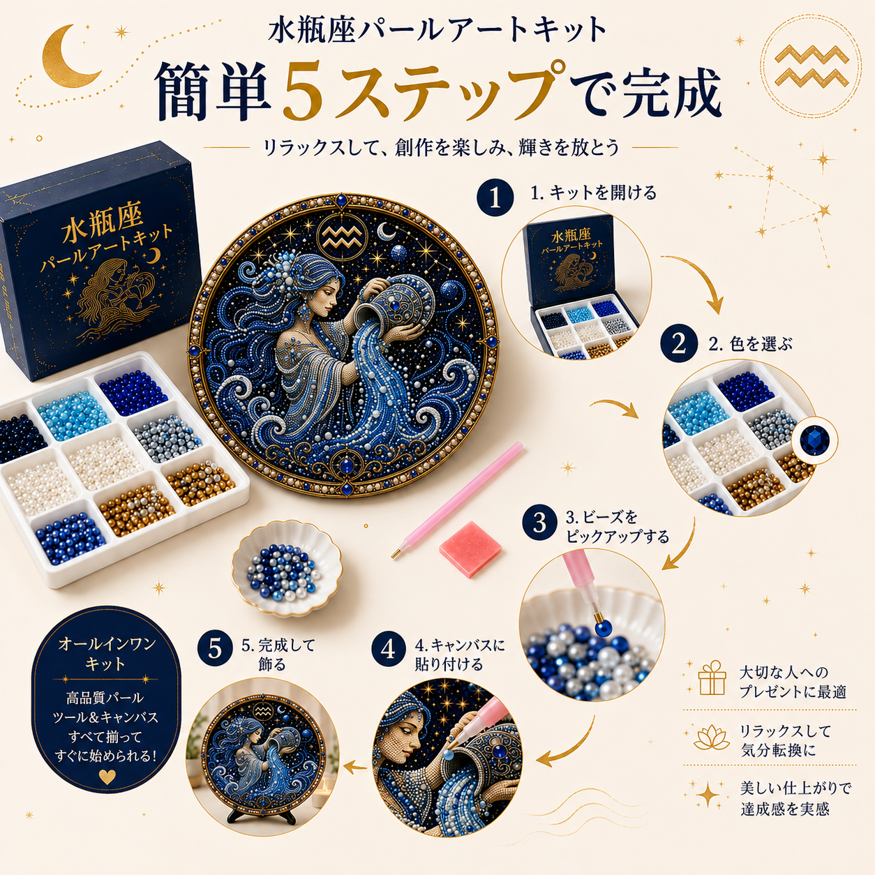 🔥 49%OFF – ✨ 高級3Dパール・12星座アートキット｜ラグジュアリーフロッキングキャンバス × 傷つきにくく色あせないパールビーズ｜DIYハンドメイド・星座インテリア ♈🌙💎