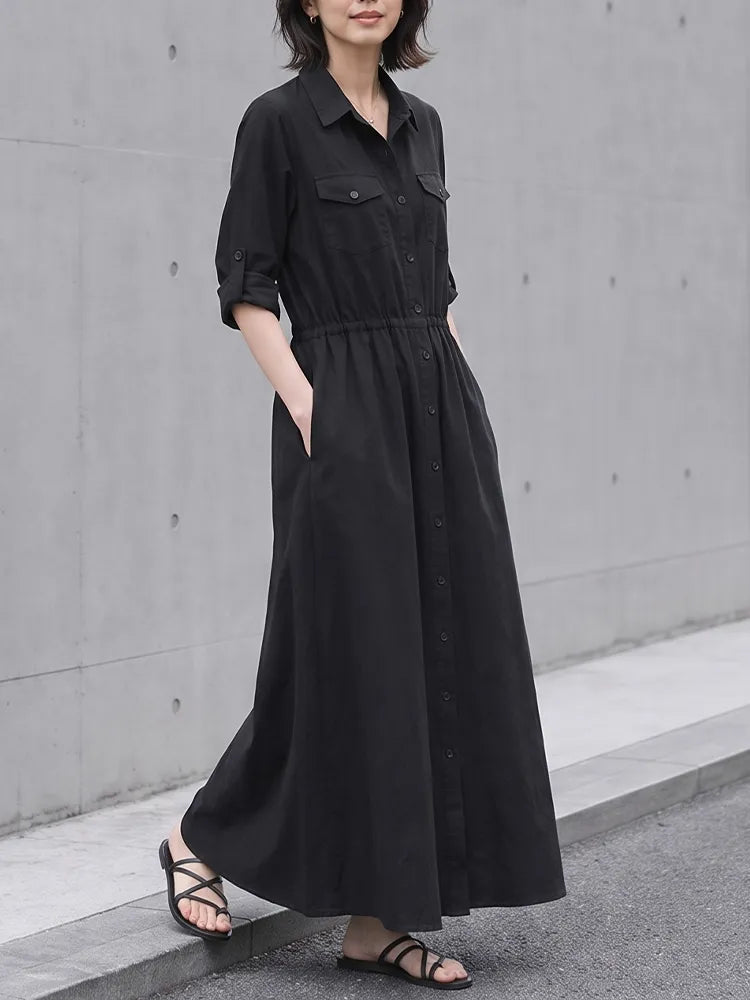 【美シルエット・体型カバー】ウエストドロスト ロングシャツワンピース