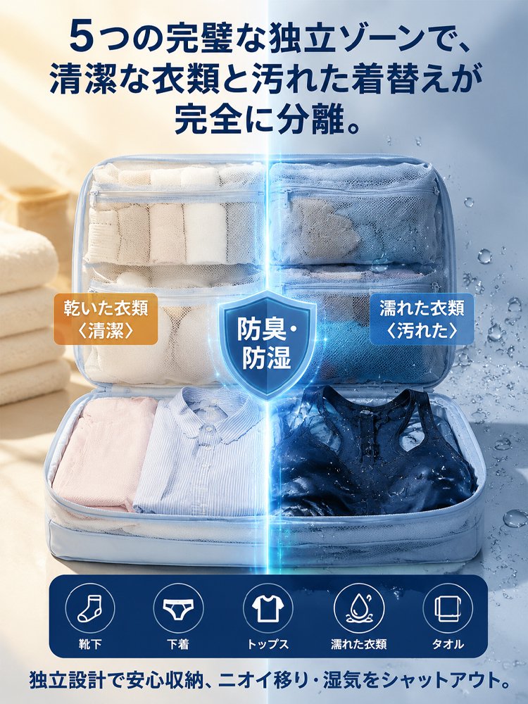 5つの仕切りを備えたマルチコンパートメント、収納容量200%アップ、衣類40点をわずか1秒で圧縮！