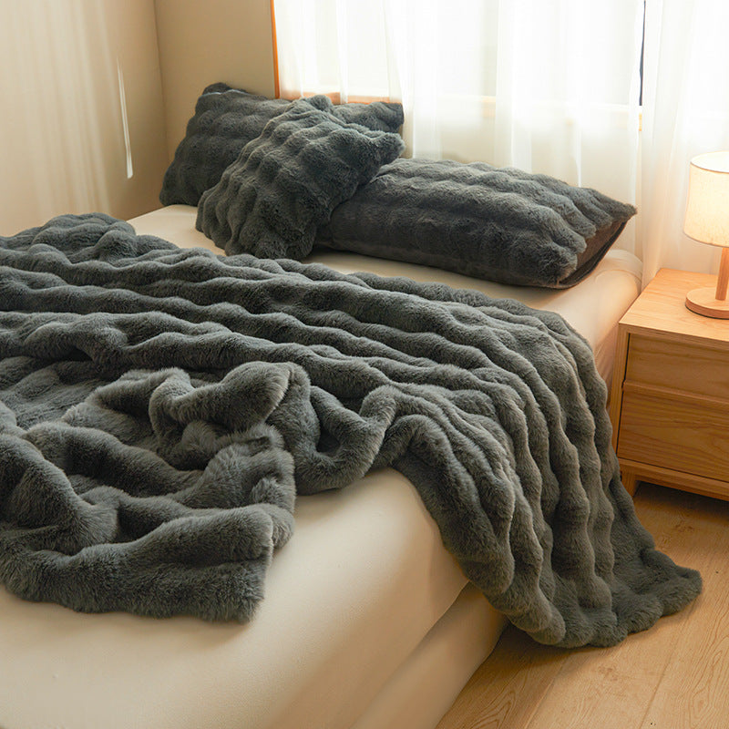 オールシーズン快適な両面厚手ブランケット（ラビットファーのような肌触り）― オフィスでの昼寝用、ソファカバー、ベッド用ブランケットとして
