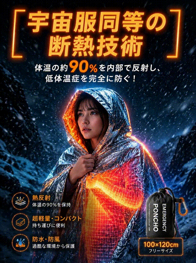 このアルミホイル製の緊急用レインポンチョは、手のひらほどのコンパクトなデザインで、風、雨、寒さからあらゆる方向から身を守り、予期せぬ事態にも対応できます