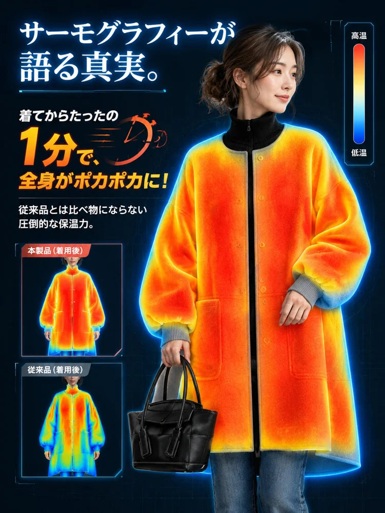 【大人カジュアル】レディース・ダブルブレストのフェイクウール・ミドル丈グレーコート。軽くて暖かく、通勤から休日の外出まで、あらゆるシーンで活躍します！