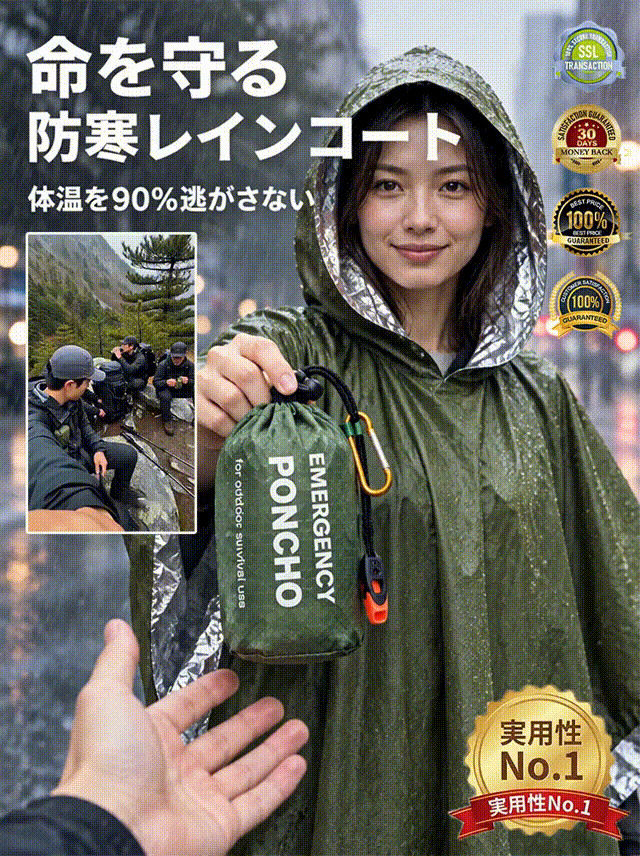 このアルミホイル製の緊急用レインポンチョは、手のひらほどのコンパクトなデザインで、風、雨、寒さからあらゆる方向から身を守り、予期せぬ事態にも対応できます