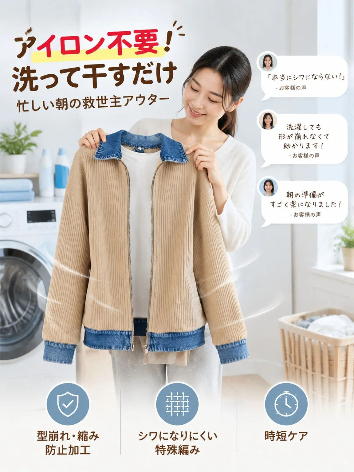 【1秒で風を遮断＆着痩せ】極上の快適さ！軟黄金ニット×液状ウォッシュデニムの魔法のアウター