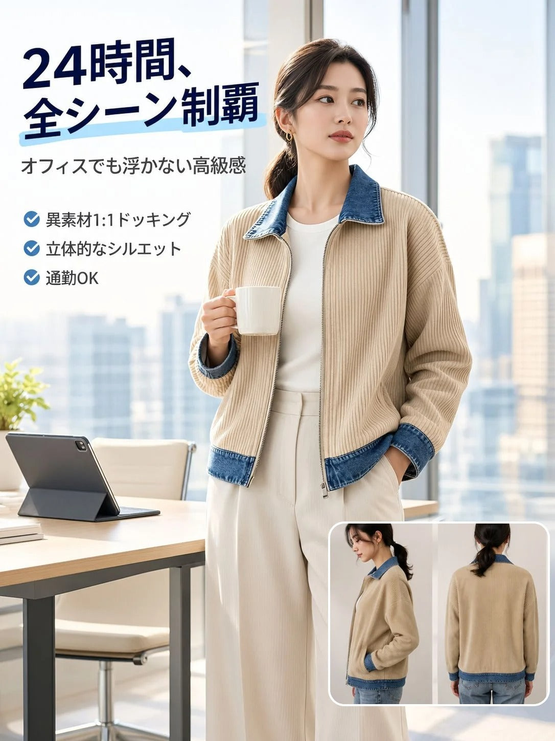 【1秒で風を遮断＆着痩せ】極上の快適さ！軟黄金ニット×液状ウォッシュデニムの魔法のアウター