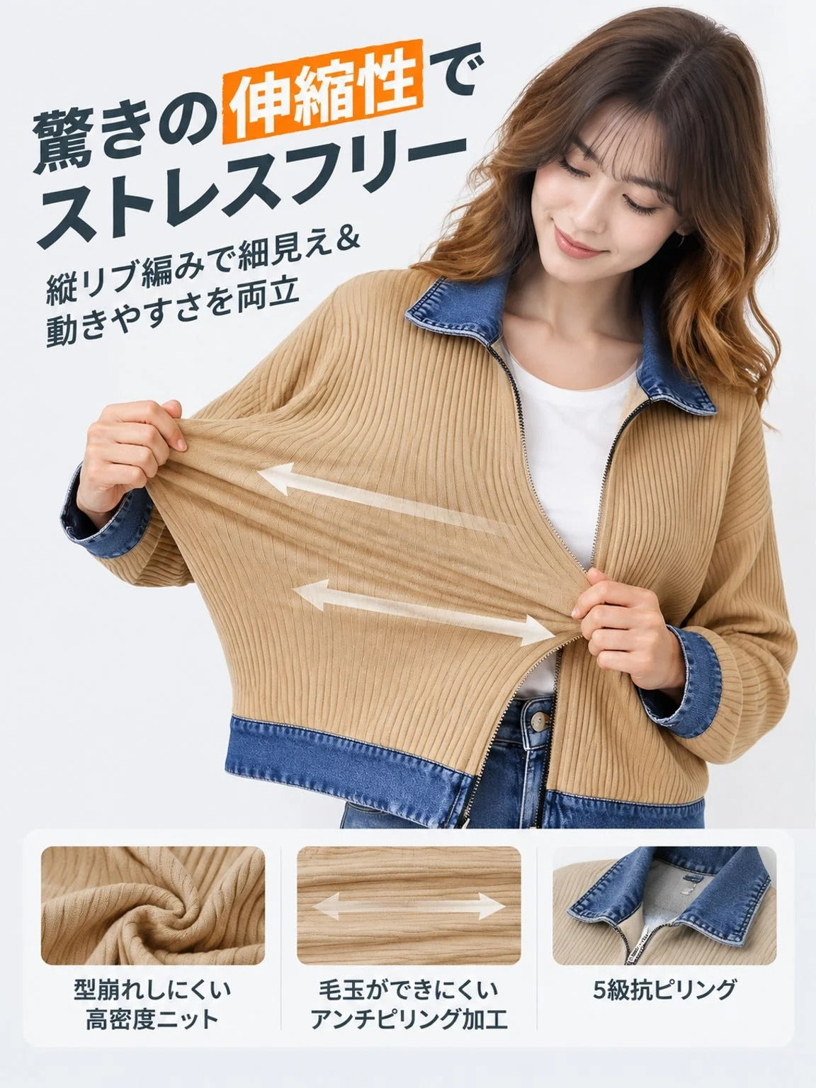 【1秒で風を遮断＆着痩せ】極上の快適さ！軟黄金ニット×液状ウォッシュデニムの魔法のアウター